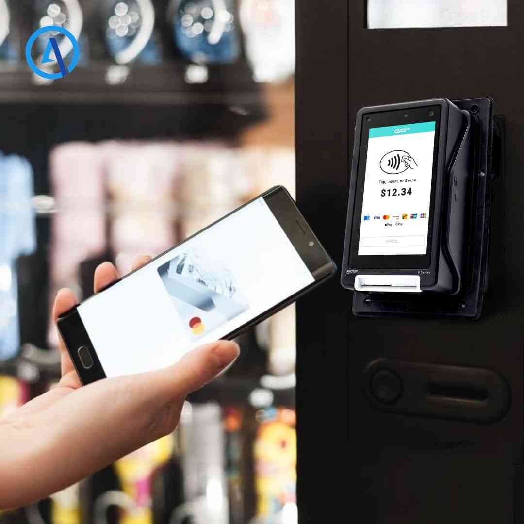 Self-service POS terminal mounted on wall for retail payment transactions