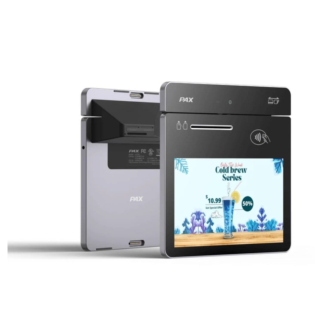 PAX POS terminal with touchscreen displaying a beverage advertisement