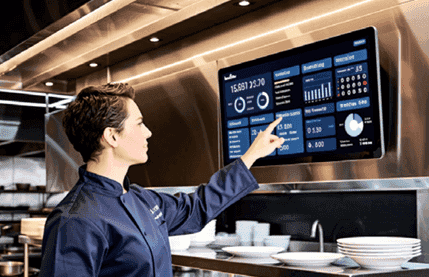 Modern restaurant kitchen with digital order display system