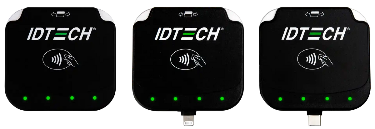 ID TECH VP3350 Bluetooth, Lightning and USB-C models side by side