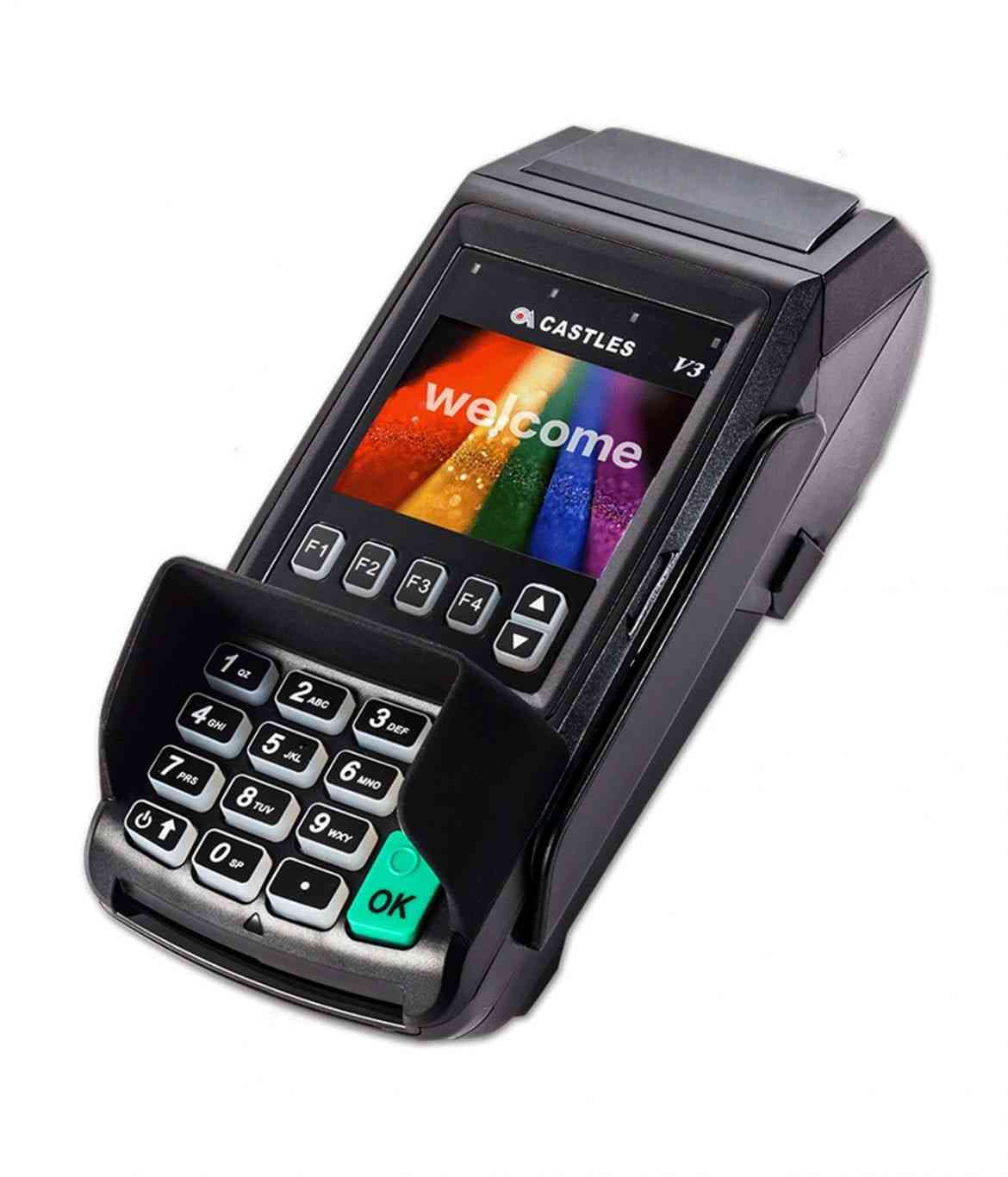 Castle Vega3000 countertop terminal for secure and fast payments with colorful welcome screen