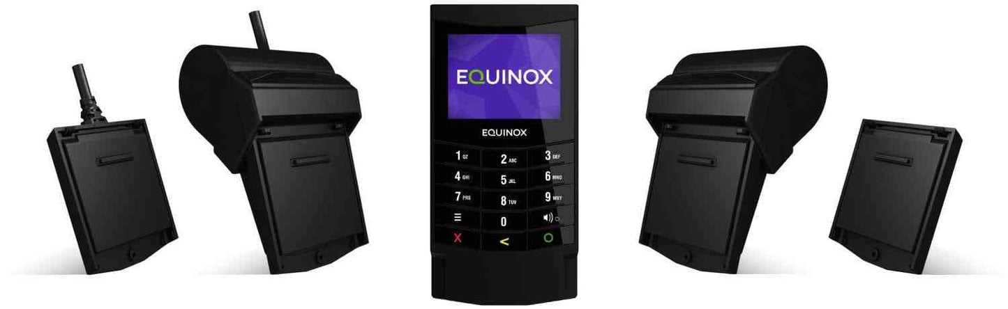 Multiple views of Equinox Luxe6200m countertop terminal with display and card reader