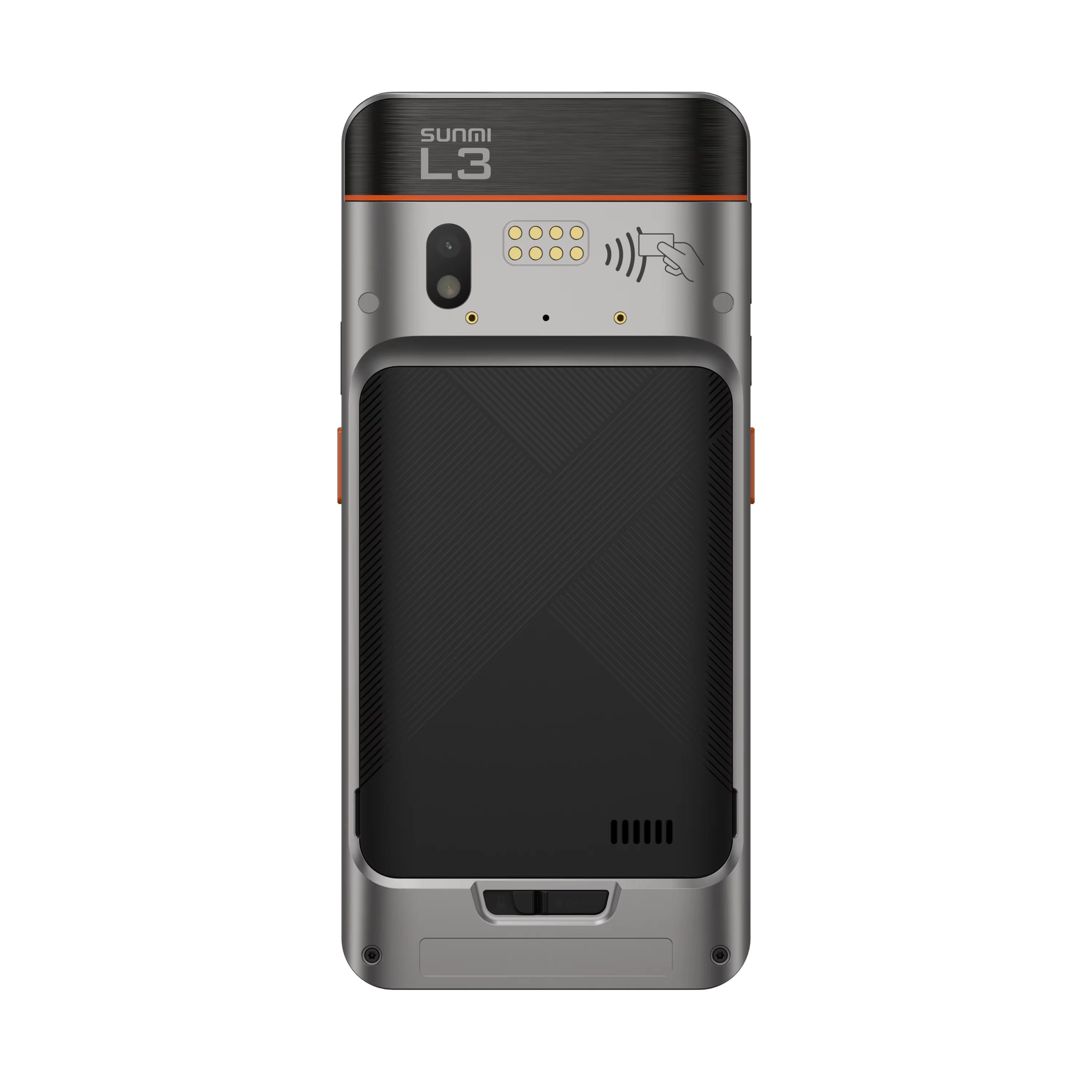 Back view of rugged POS with scanner and NFC