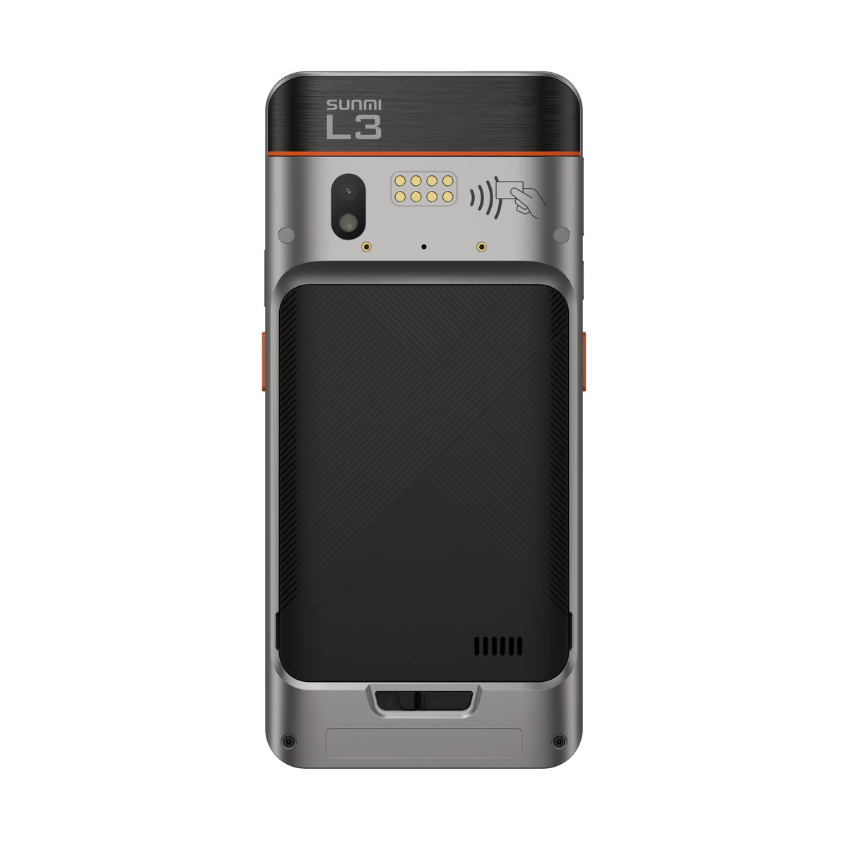 Back view of rugged POS with scanner and NFC