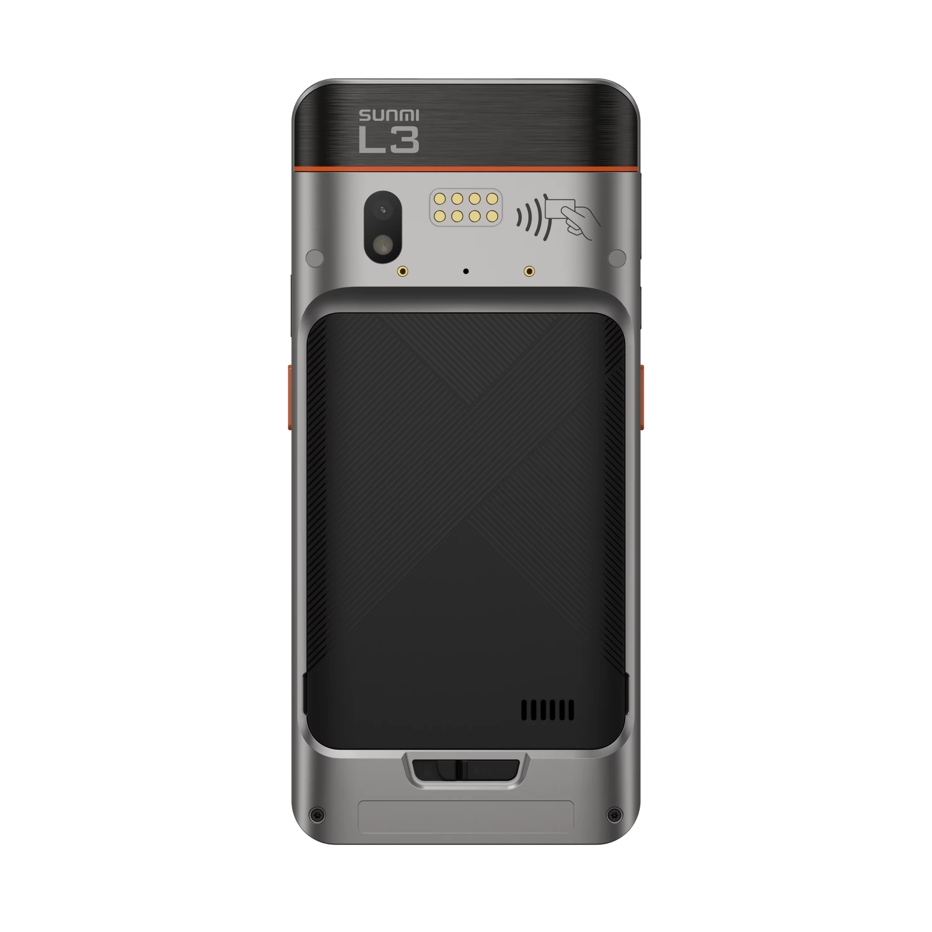 Back view of rugged POS with scanner and NFC