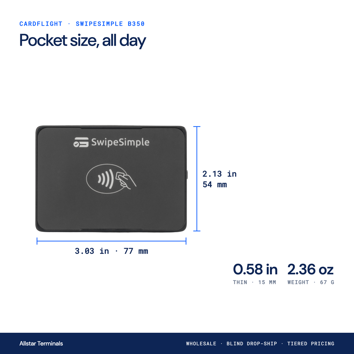 SwipeSimple B350 dimensions: 3.03 x 2.13 x 0.58 in, 2.36 oz