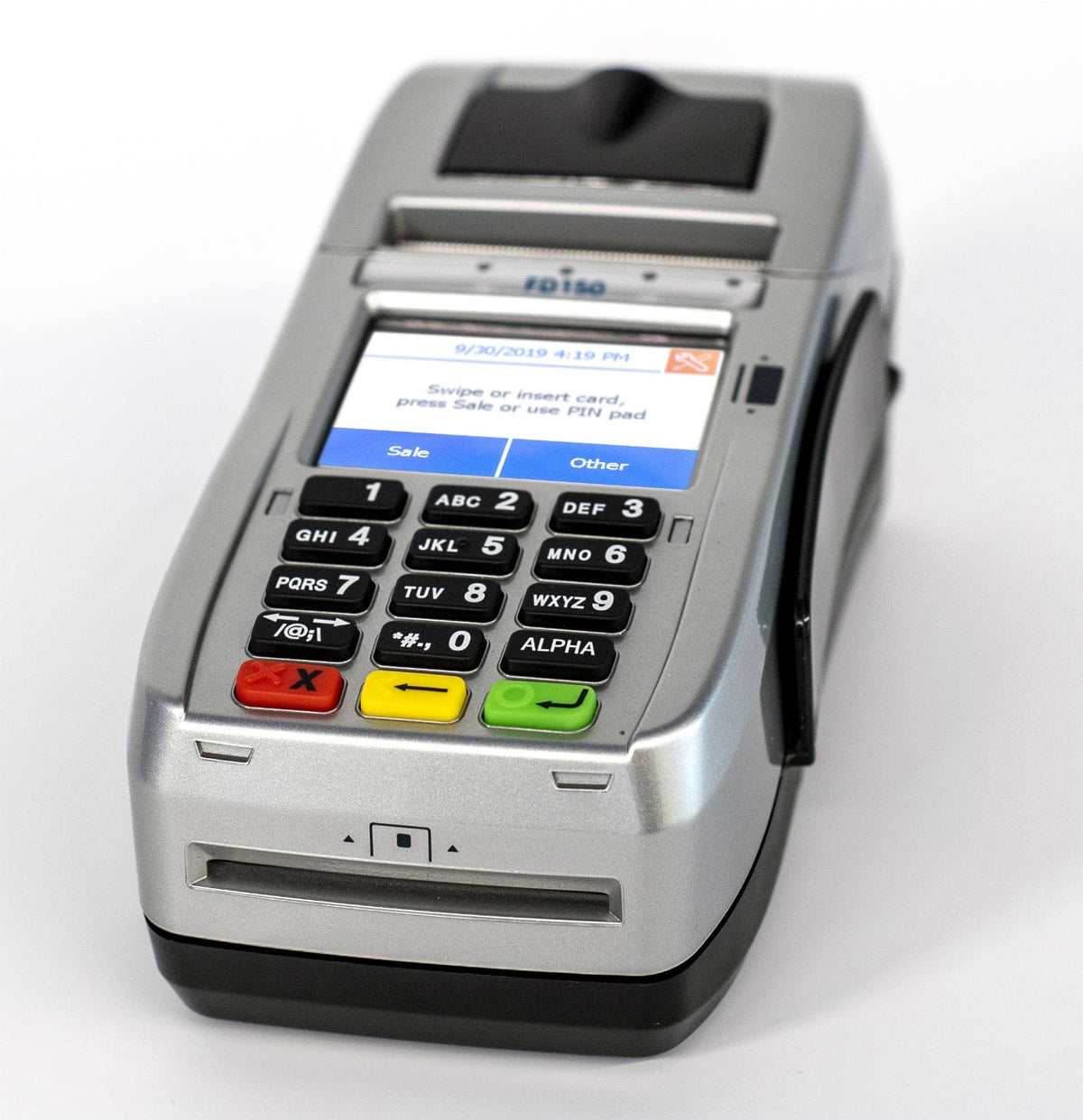 First Data FD150 EMV credit card terminal with display and keypad