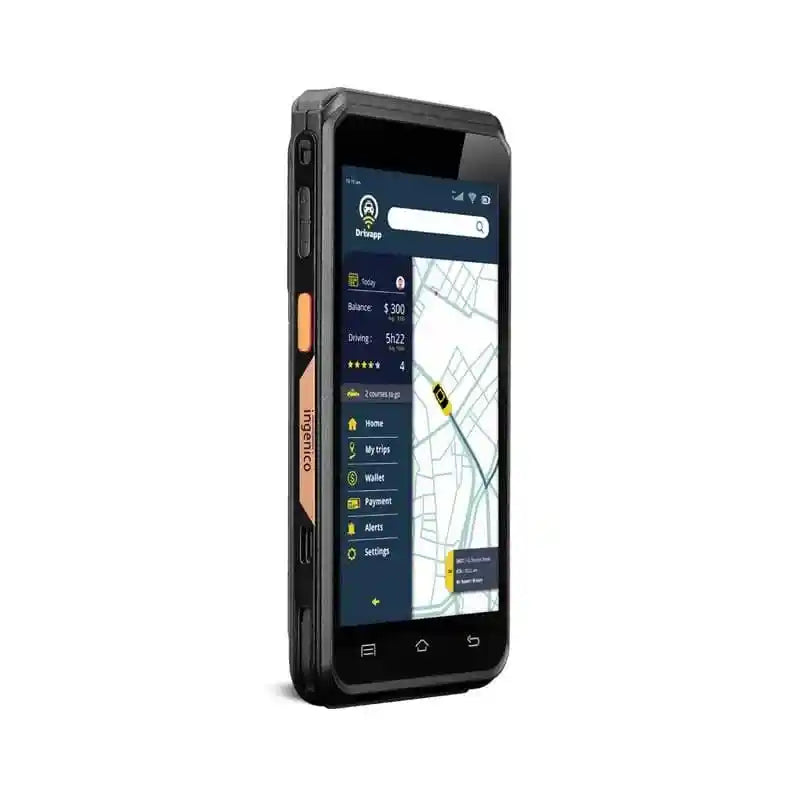 Wireless handheld device with screen and orange side button for mobile transactions
