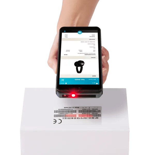 Portable POS terminal scanning barcode on product