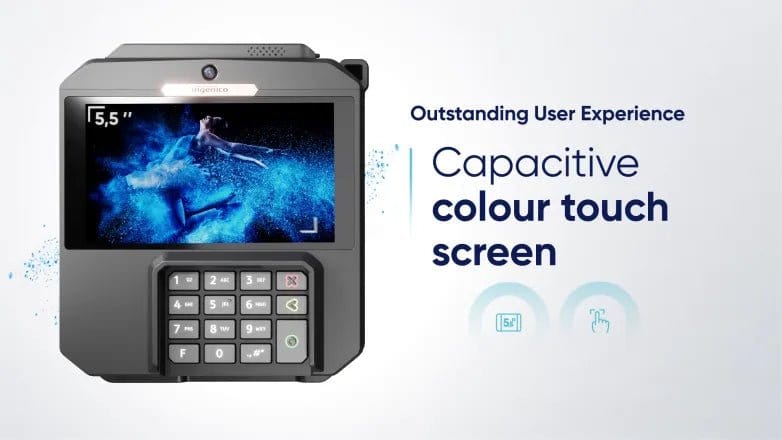 Capacitive color touchscreen POS device with keypad for retail transactions