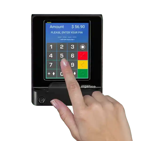 Ingenico payment terminal with keypad and touchscreen for secure transactions
