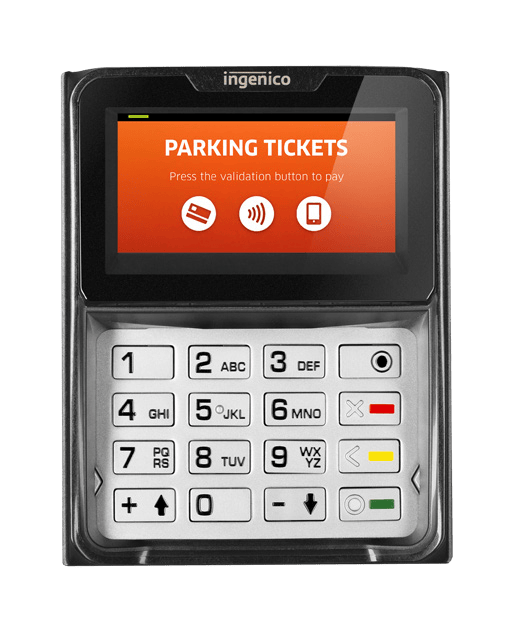 Ingenico Self/8000 unattended payment terminal PIN pad with color display and metallic keypad showing parking ticket payment screen