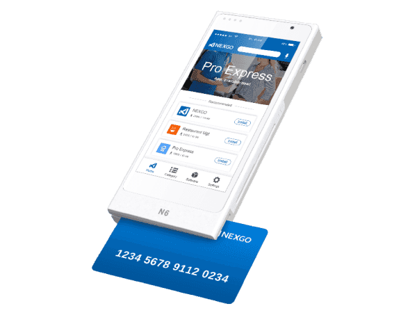 Nexgo N6 mobile payment device with card reader and app interface