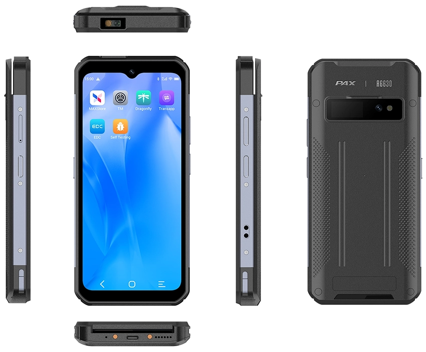 PAX A6630 handheld Android POS terminal front, back and side views