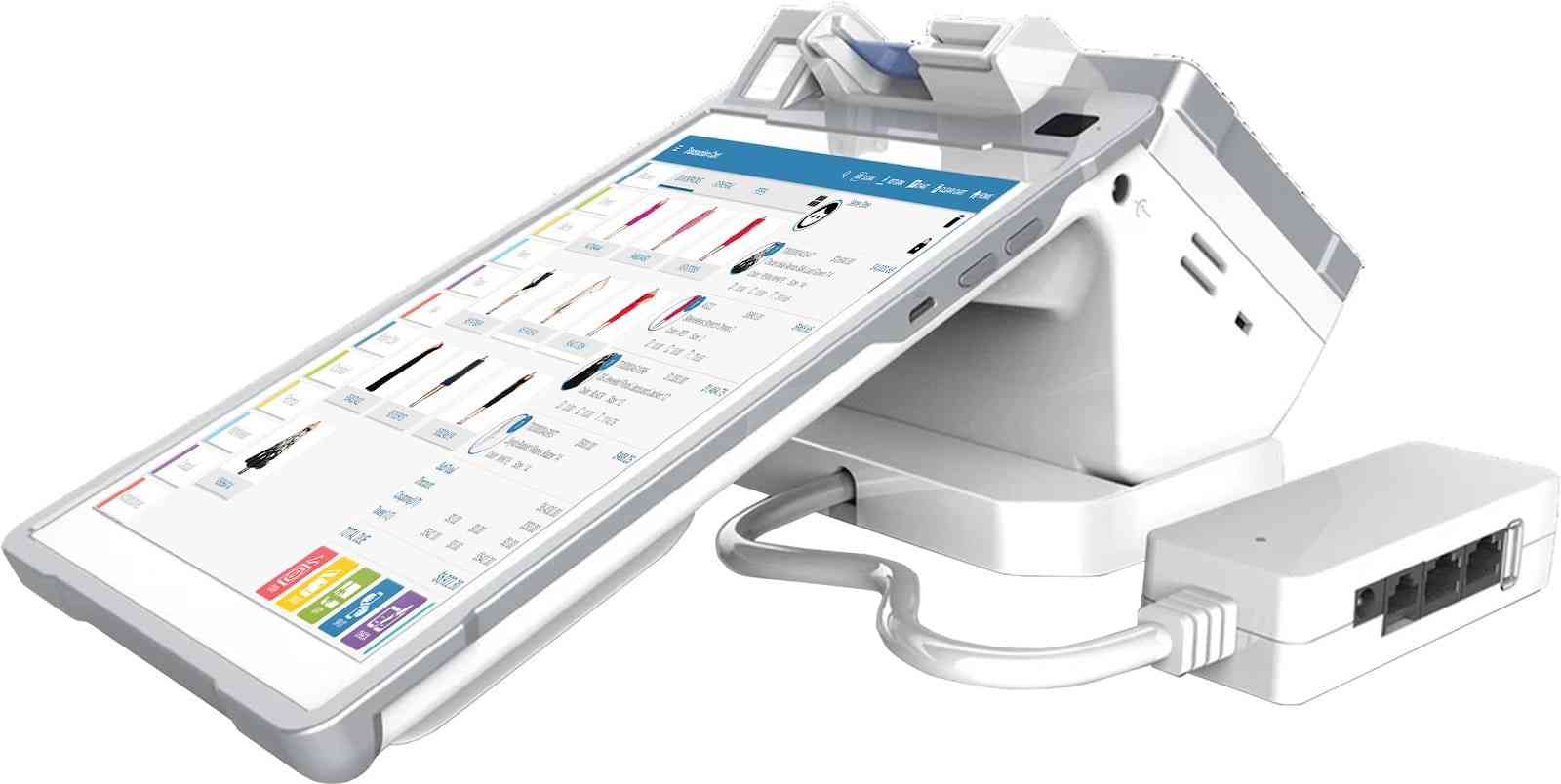 White POS terminal with touchscreen display and integrated card reader for business