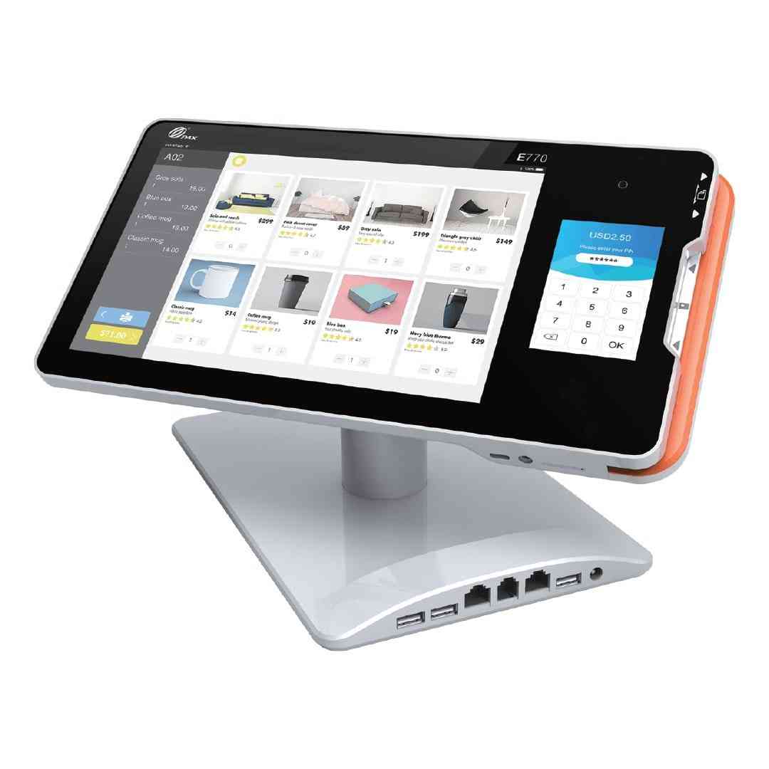 PAX E770 POS tablet on countertop for retail transactions