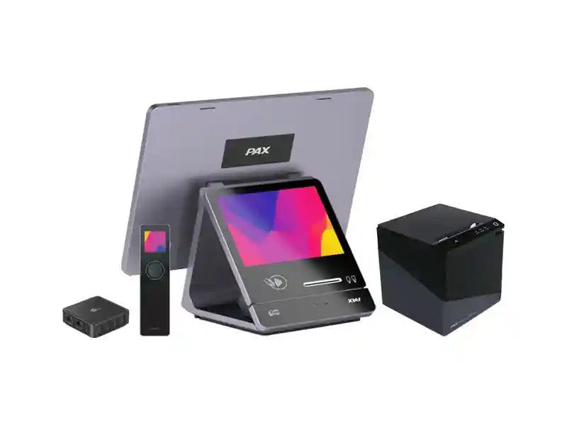 PAX ELYS POS bundle with L1400 workstation, A3700 tablet, T3180 printer, and cash drawer for retail and hospitality