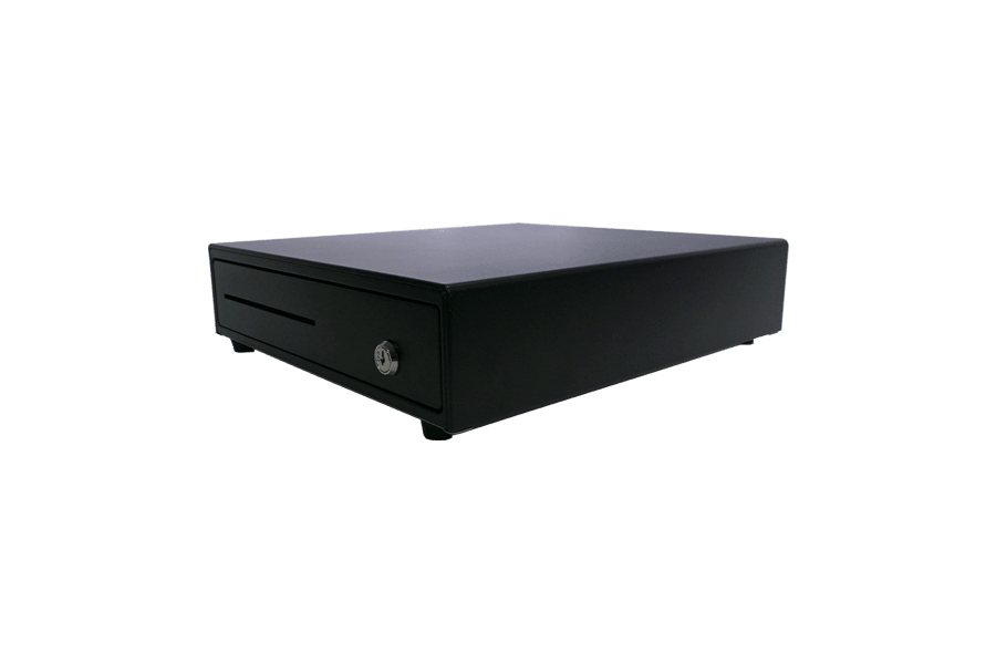 Black cash drawer used with PAX ELYS POS system for retail and restaurant cash handling