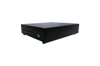 Black cash drawer used with PAX ELYS POS system for retail and restaurant cash handling