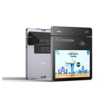 PAX POS terminal with touchscreen displaying a beverage advertisement