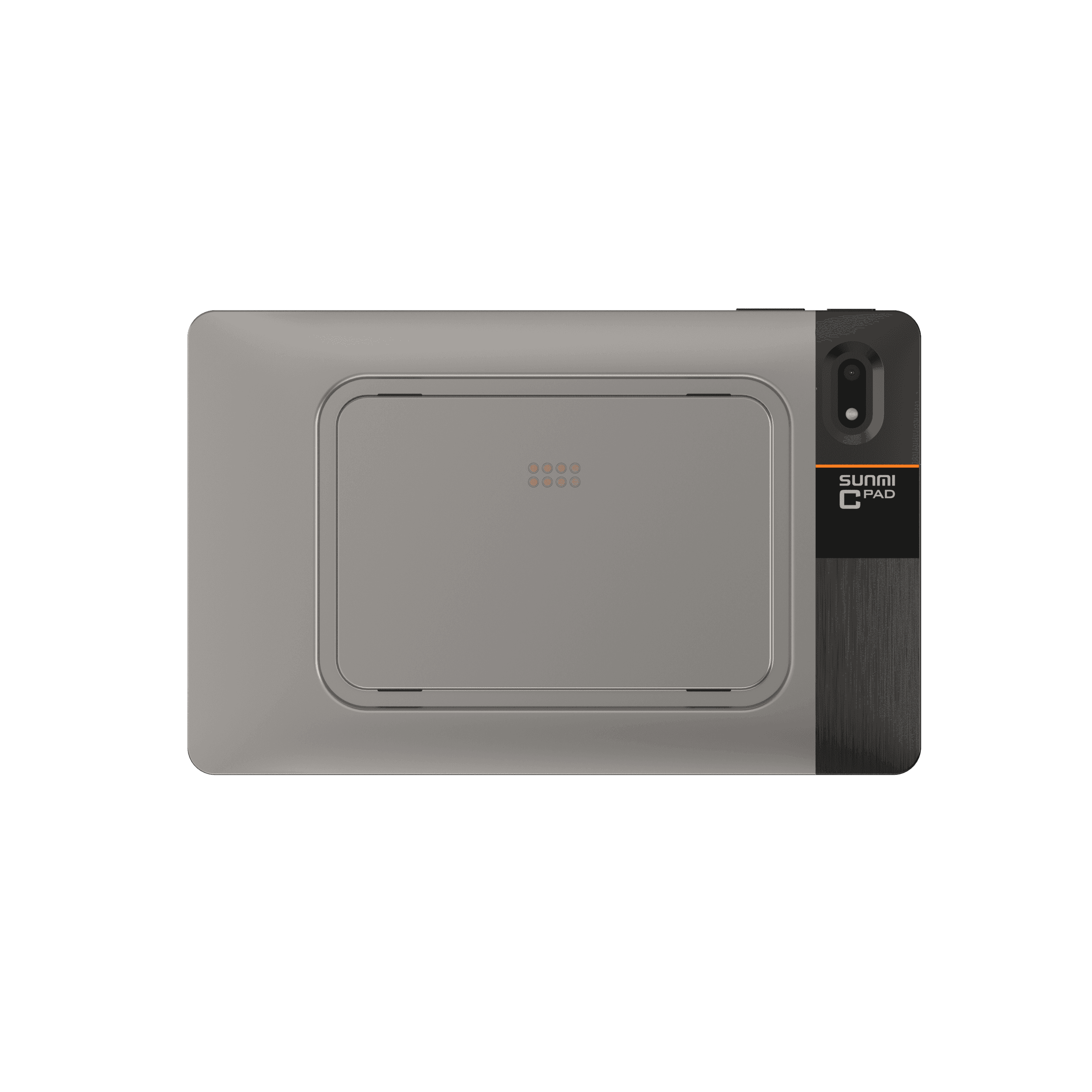 Side view of SUNMI CPad 8.7 tablet showing slim profile, ports, and NFC area for business use