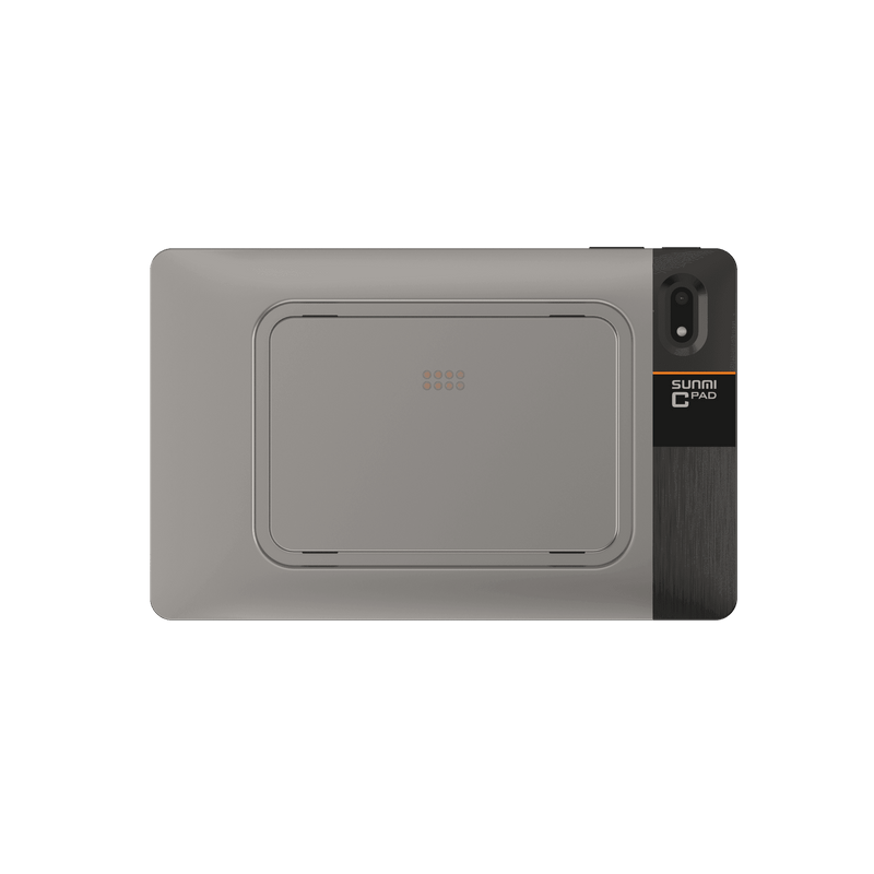 Close-up of SUNMI CPad 8.7 tablet showing NFC and fingerprint sensor, side profile