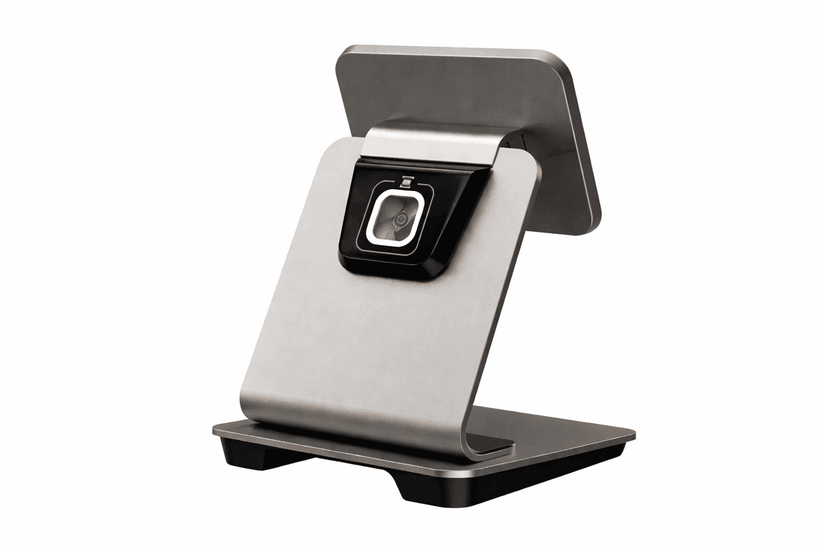 SUNMI POS stand with scanner dock, sleek metal design for retail checkout