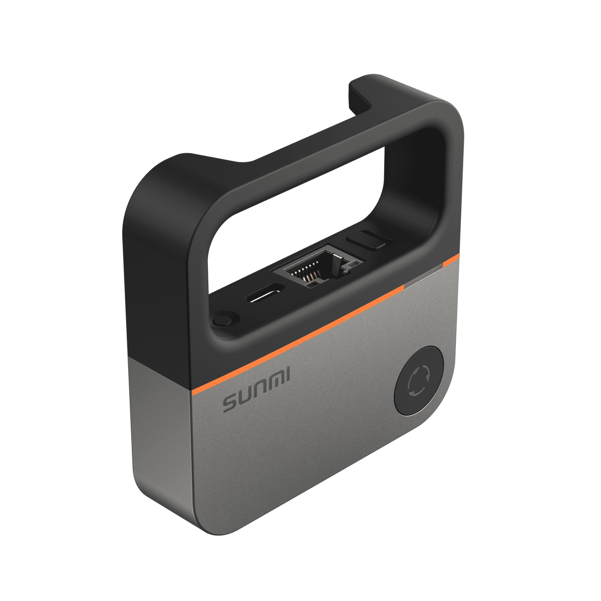 SUNMI MINI AP POS device with black handle and detailed labeling on the side