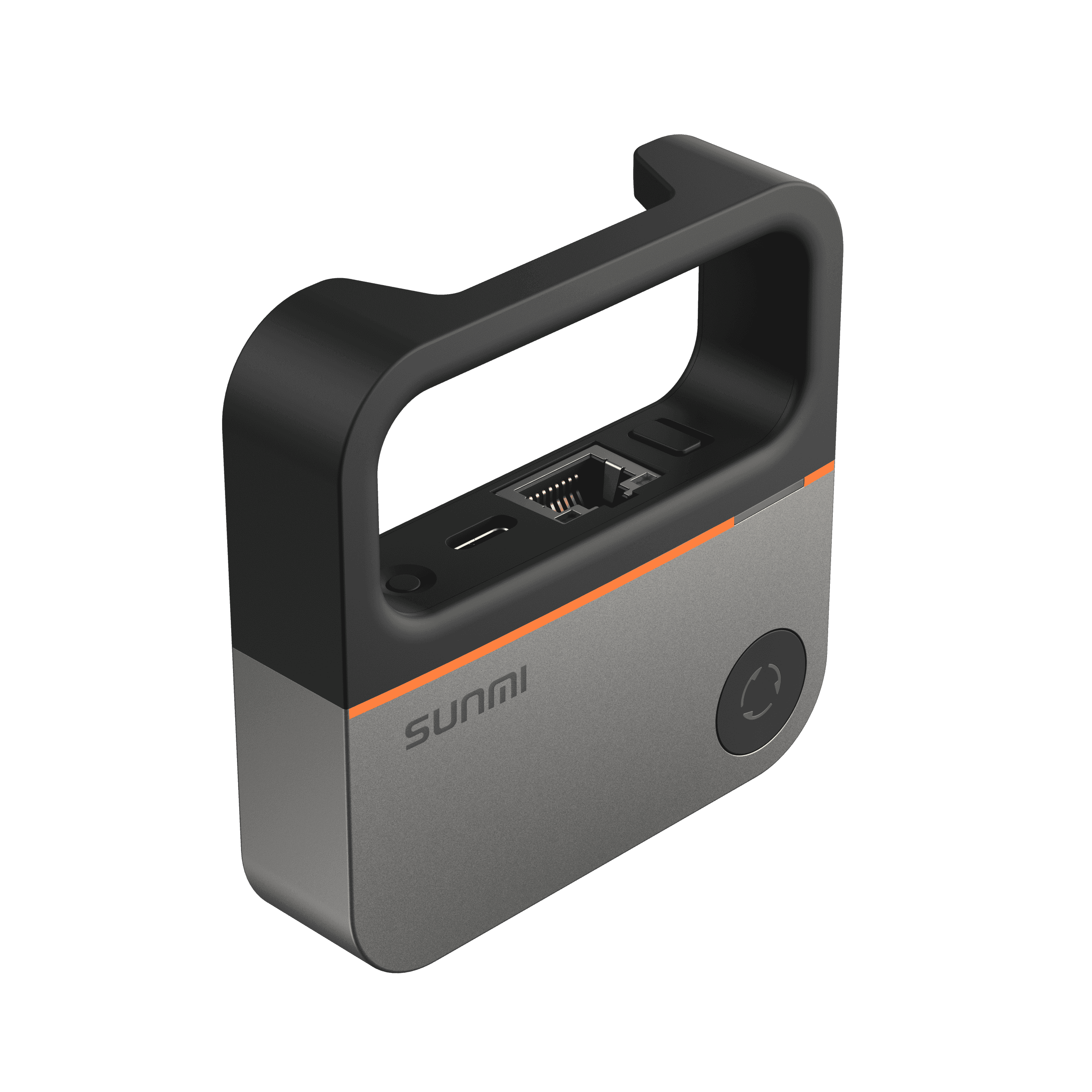 SUNMI MINI AP POS device with black handle and detailed labeling on the side