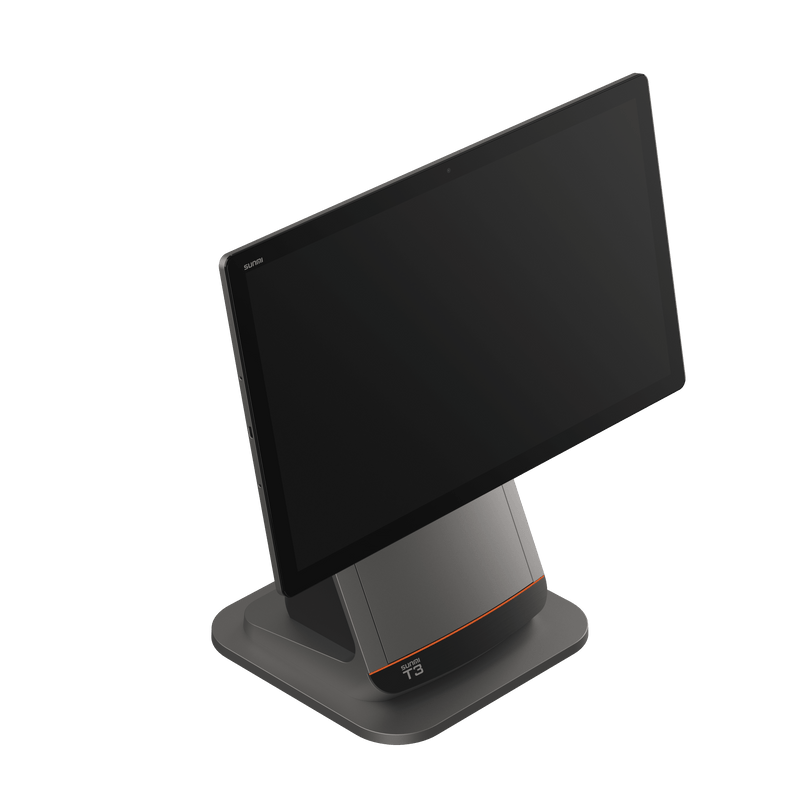 SUNMI T3 80MM POS terminal with stand, back view highlighting design and branding
