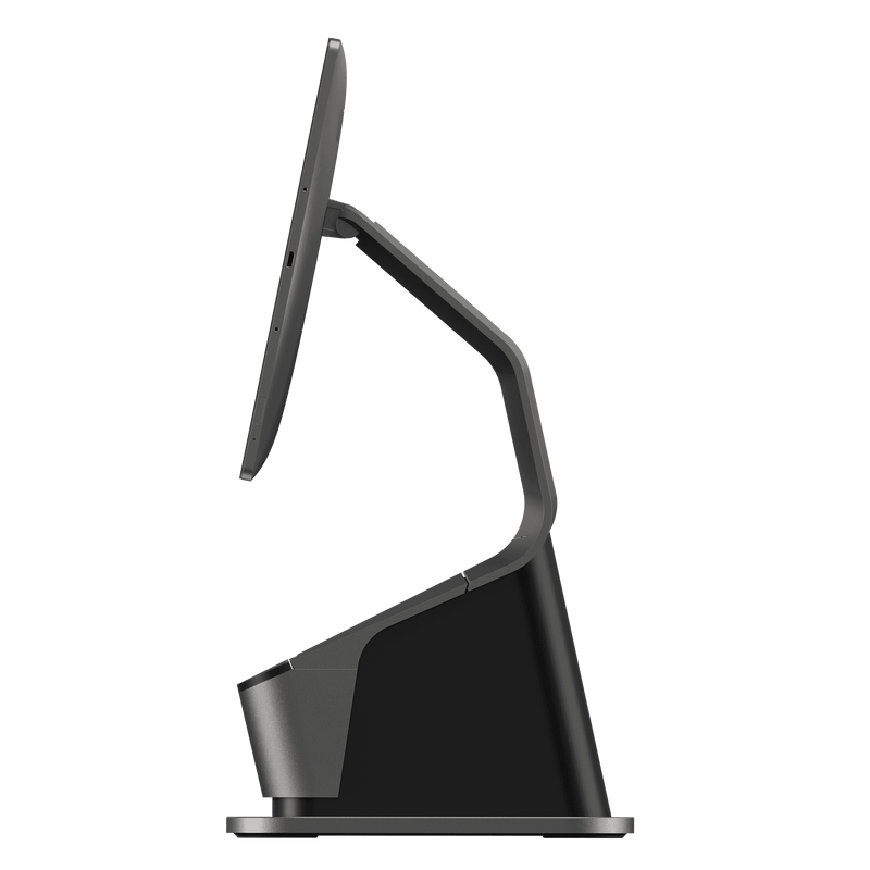 Back of SUNMI T3 PRO MAX POS terminal with stand and connectivity ports