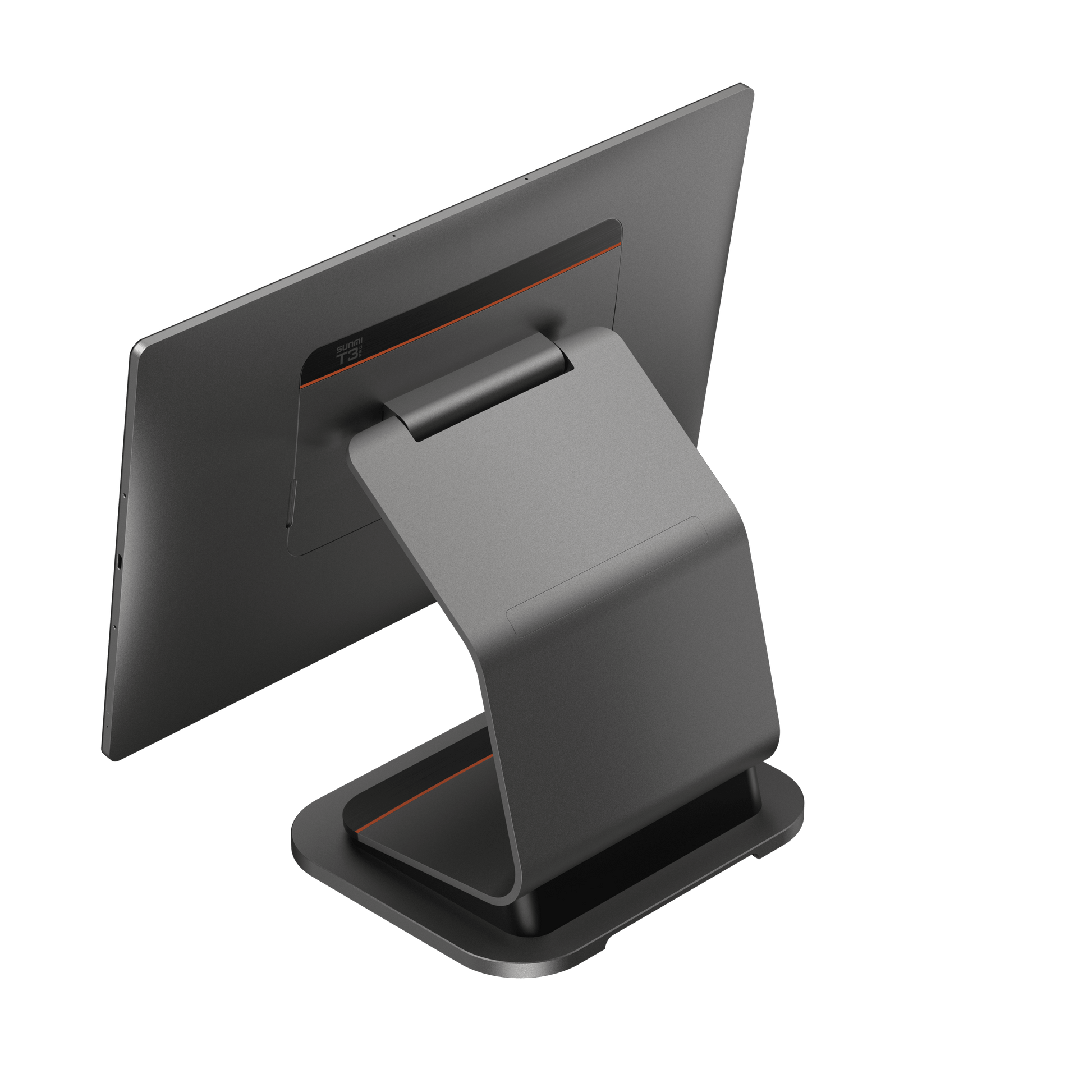 SUNMI T3 Pro POS terminal with stand, black background, detailed view