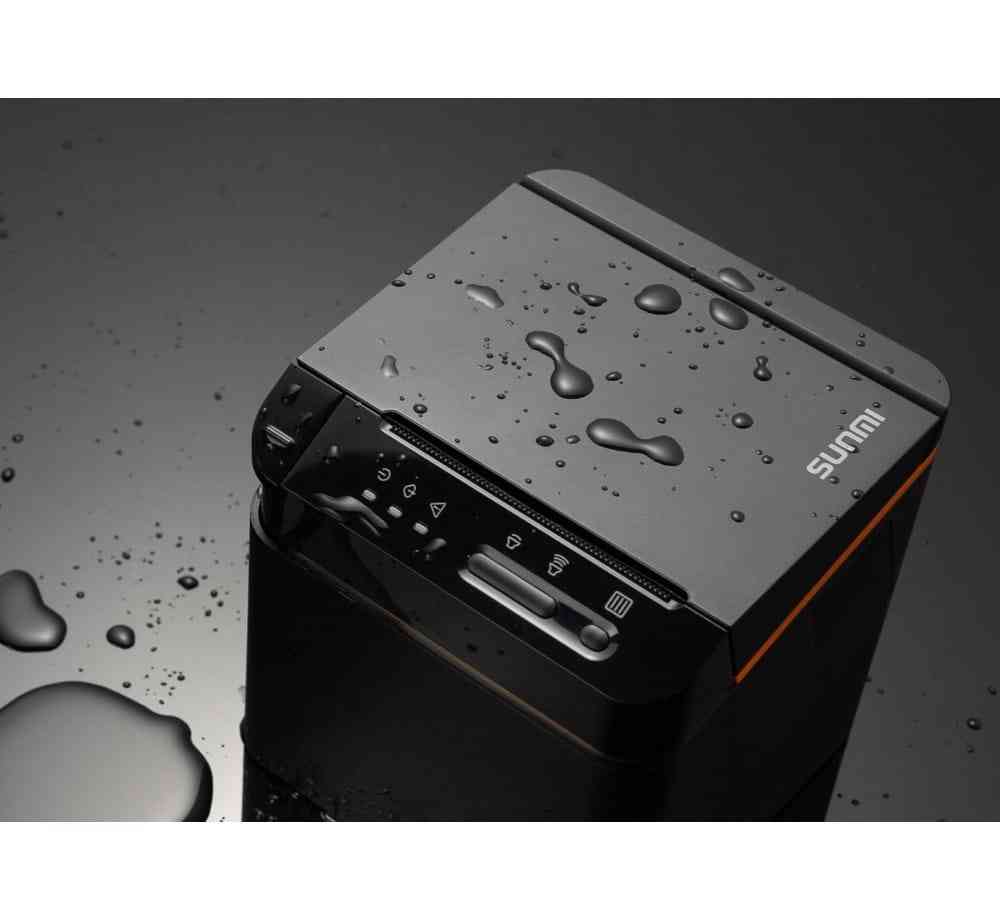 Water-resistant SUNMI V2-LX kitchen POS printer with black finish and orange accents