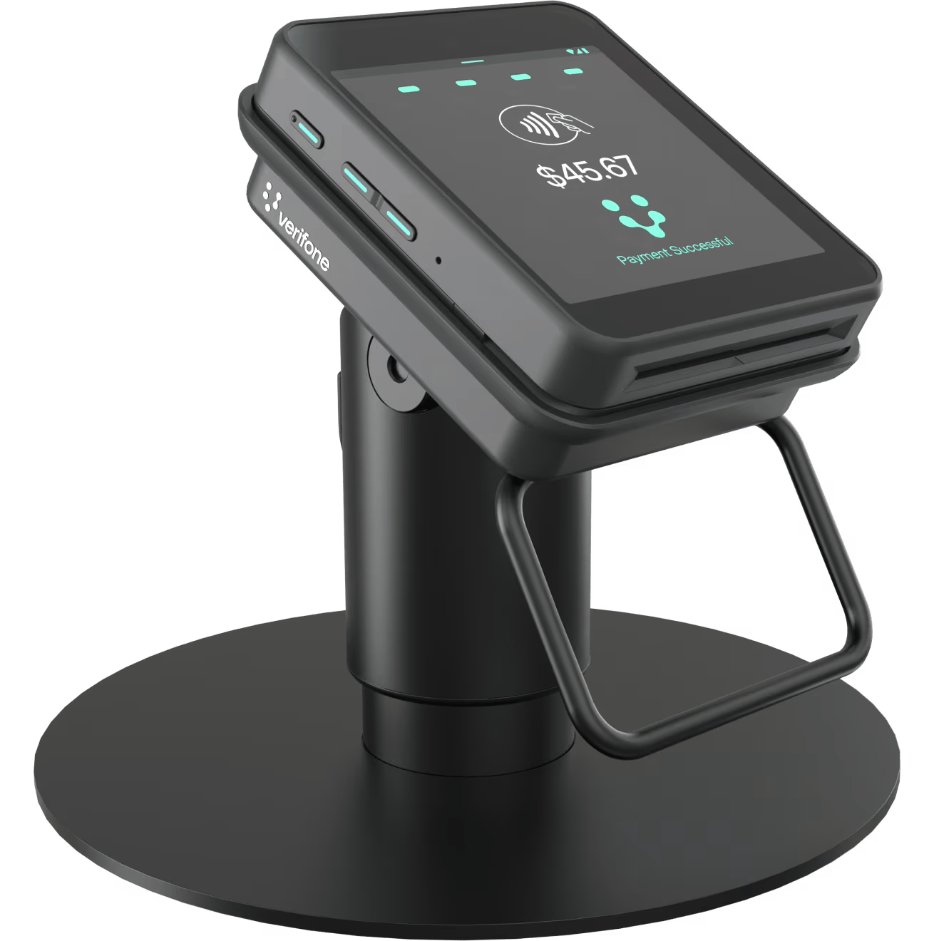 Verifone Victa Mini VN110 portable PIN pad on countertop stand showing contactless payment screen