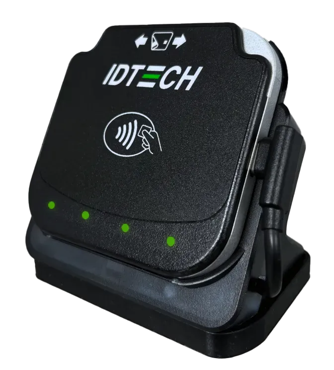 ID TECH VP3350 stand with reader, angled view