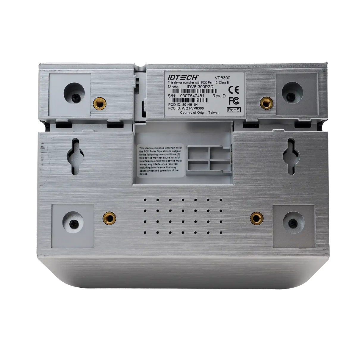 ID TECH VP8300 card reader, underside with mounting points
