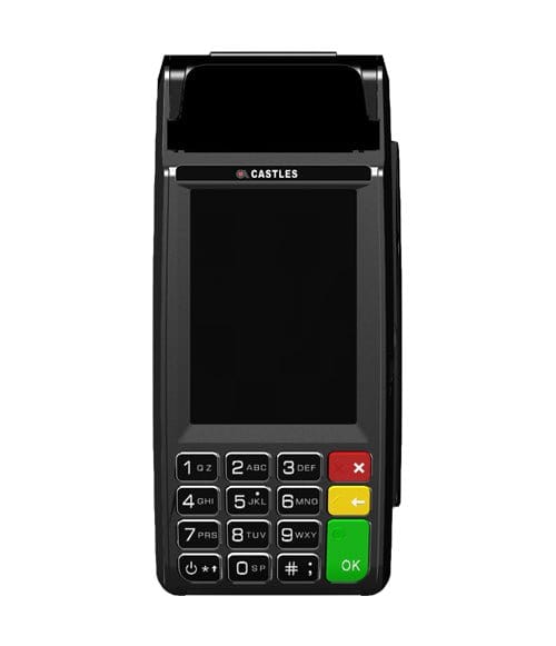 Front view of Castles Vega3000 POS terminal with keypad and display