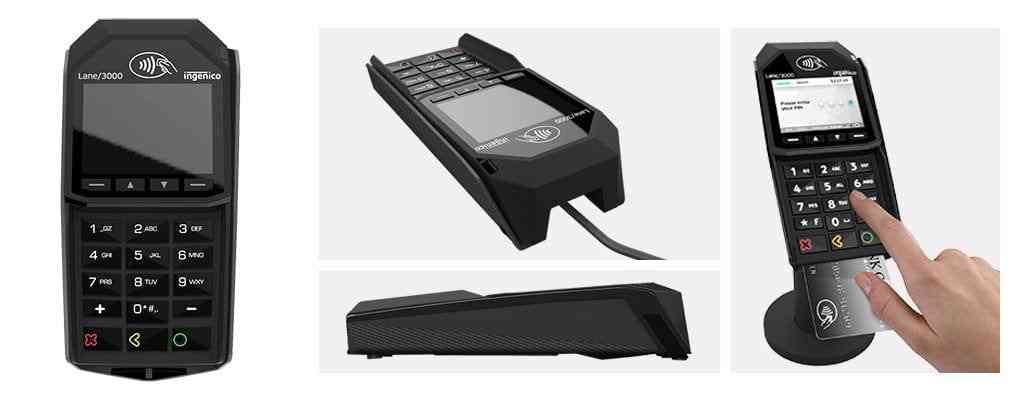 Multiple views of refurbished Ingenico Lane 3000 POS device with keypad and screen