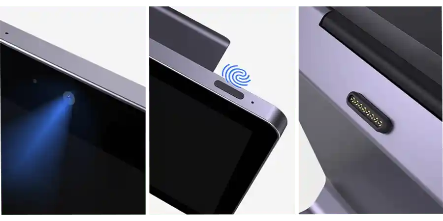 Touchscreen device with fingerprint scanner and ports