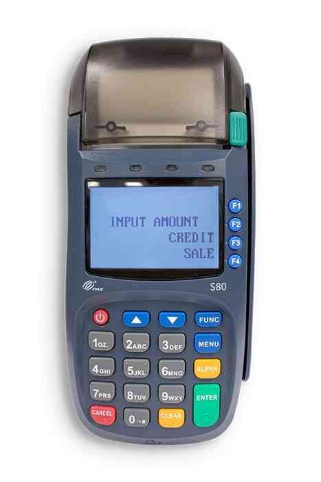 Refurbished PAX S80 payment terminal with blue casing and LCD screen