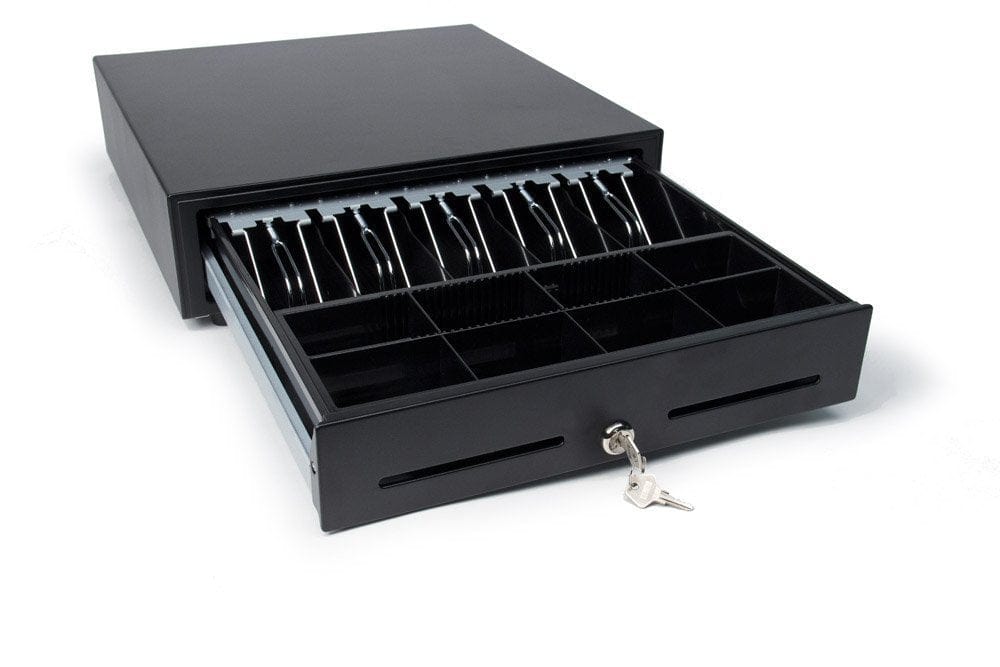 Open cash drawer with coin and bill compartments
