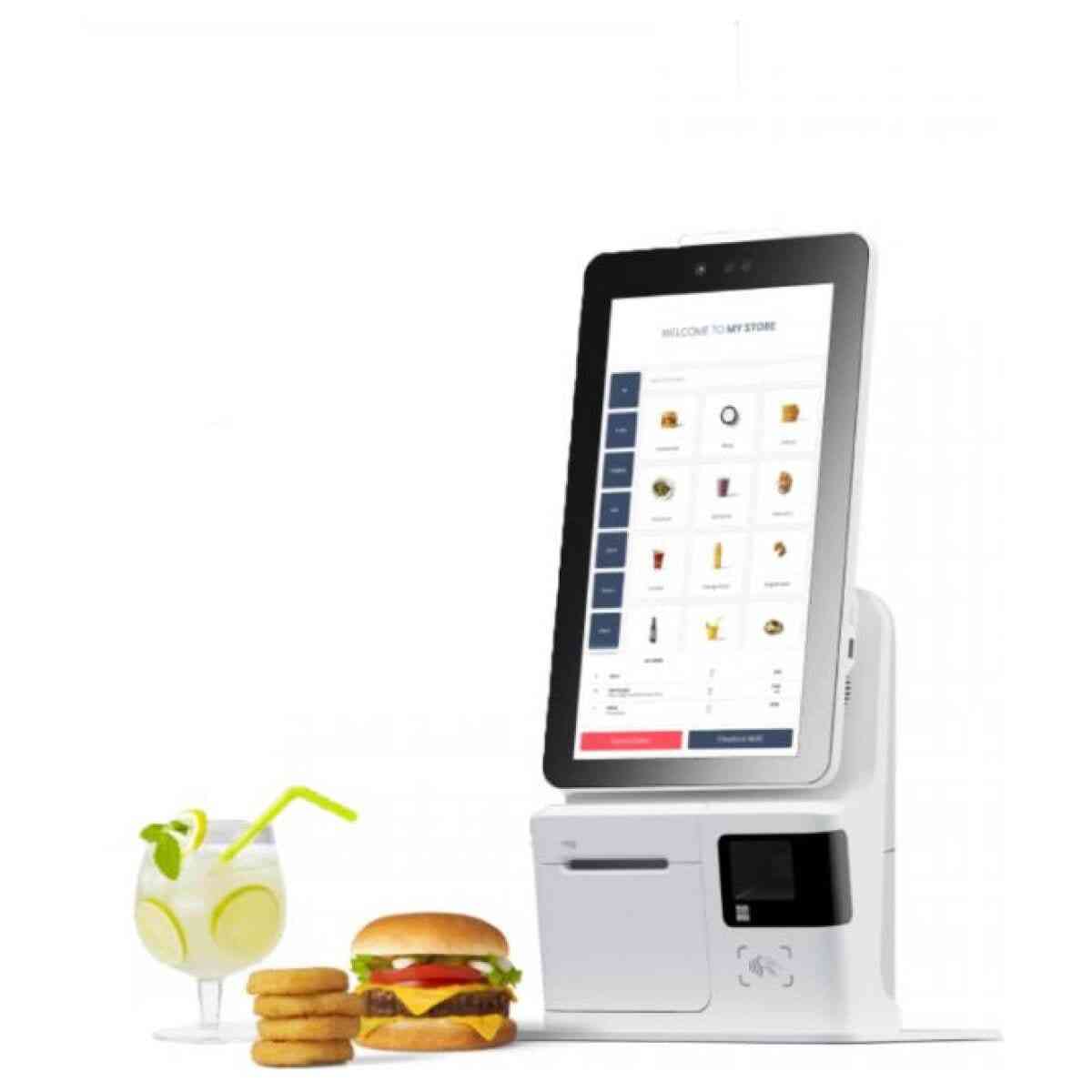 Sunmi K2 Mini Kiosk with dual screens and food items